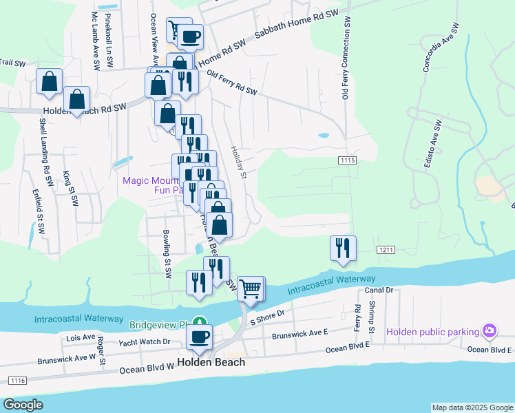 map of restaurants, bars, coffee shops, grocery stores, and more near 4047 Owl Lane Southwest in Brunswick County
