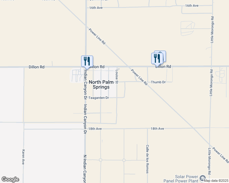 map of restaurants, bars, coffee shops, grocery stores, and more near 17401 Louise Street in North Palm Springs