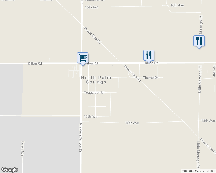 map of restaurants, bars, coffee shops, grocery stores, and more near 17401 Louise Street in North Palm Springs