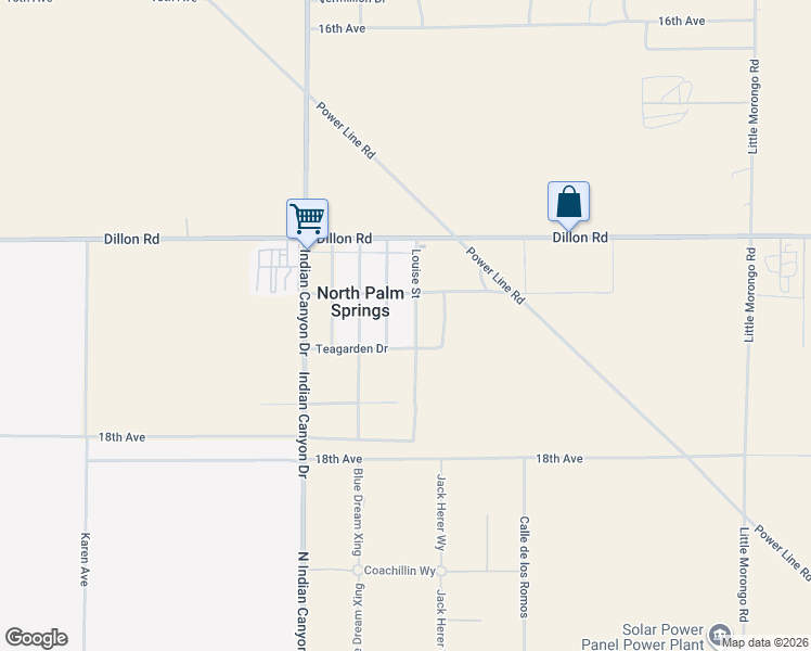 map of restaurants, bars, coffee shops, grocery stores, and more near 17401 Louise Street in North Palm Springs
