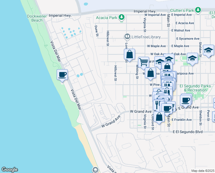 map of restaurants, bars, coffee shops, grocery stores, and more near 724 West Pine Avenue in El Segundo