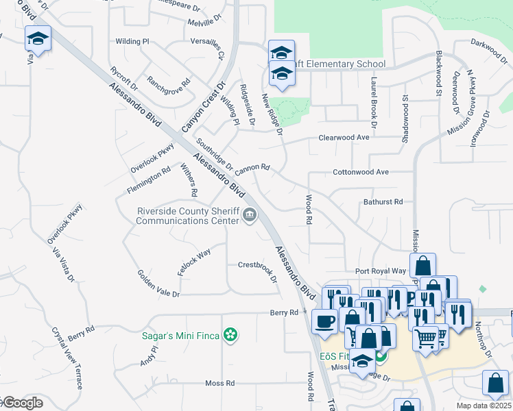 map of restaurants, bars, coffee shops, grocery stores, and more near Alessandro Boulevard in Riverside