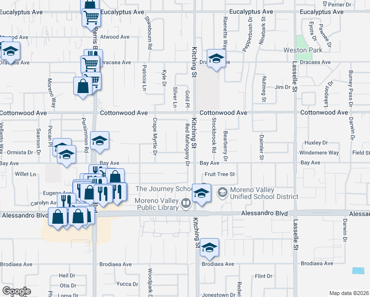 map of restaurants, bars, coffee shops, grocery stores, and more near 13741 Red Mahogany Drive in Moreno Valley
