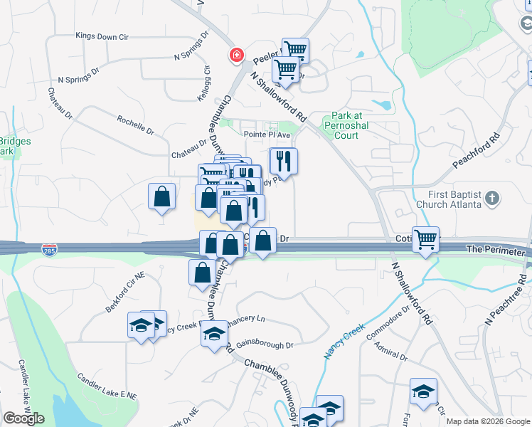 map of restaurants, bars, coffee shops, grocery stores, and more near 1850 Cotillion Drive in Atlanta
