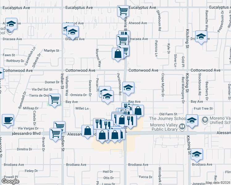 map of restaurants, bars, coffee shops, grocery stores, and more near 24928 Basswood Street in Moreno Valley