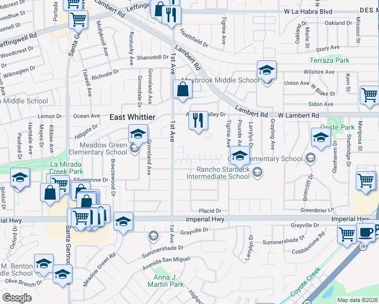 map of restaurants, bars, coffee shops, grocery stores, and more near 16235 Cameo Court in Whittier