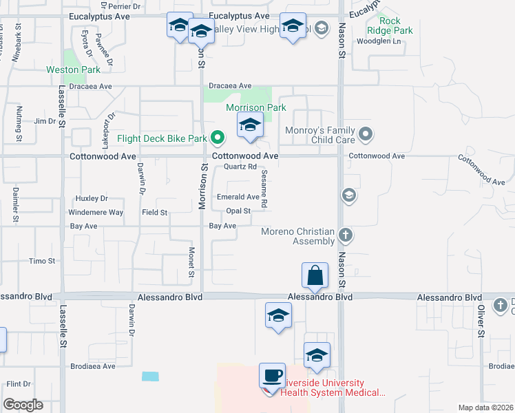map of restaurants, bars, coffee shops, grocery stores, and more near 26670 Opal Street in Moreno Valley