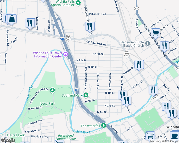 map of restaurants, bars, coffee shops, grocery stores, and more near 1421 North 8th Street in Wichita Falls