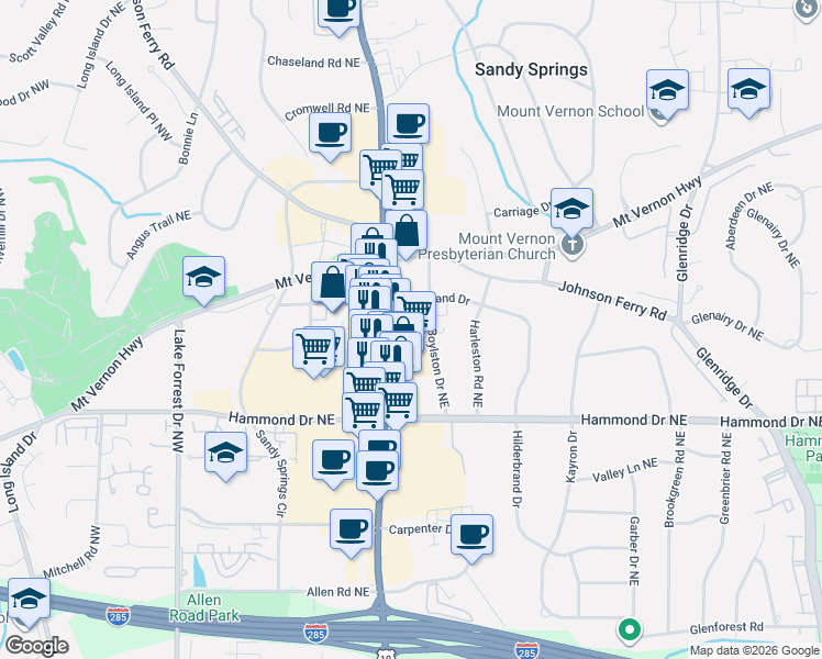 map of restaurants, bars, coffee shops, grocery stores, and more near 6125 Roswell Road in Atlanta
