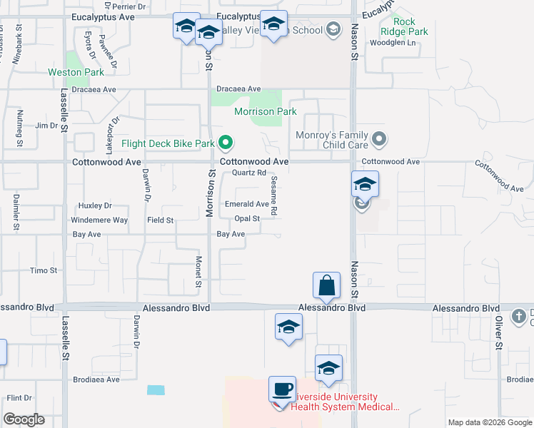 map of restaurants, bars, coffee shops, grocery stores, and more near 26685 Emerald Avenue in Moreno Valley