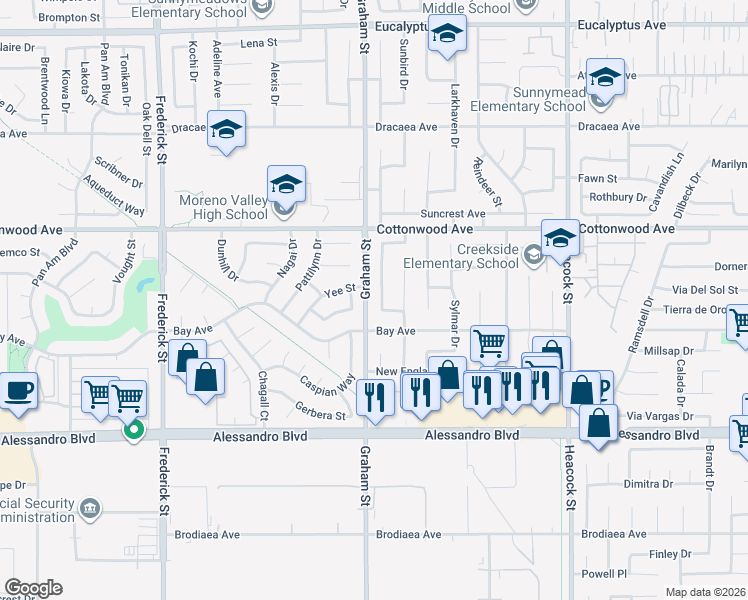 map of restaurants, bars, coffee shops, grocery stores, and more near 13643 New Haven Drive in Moreno Valley