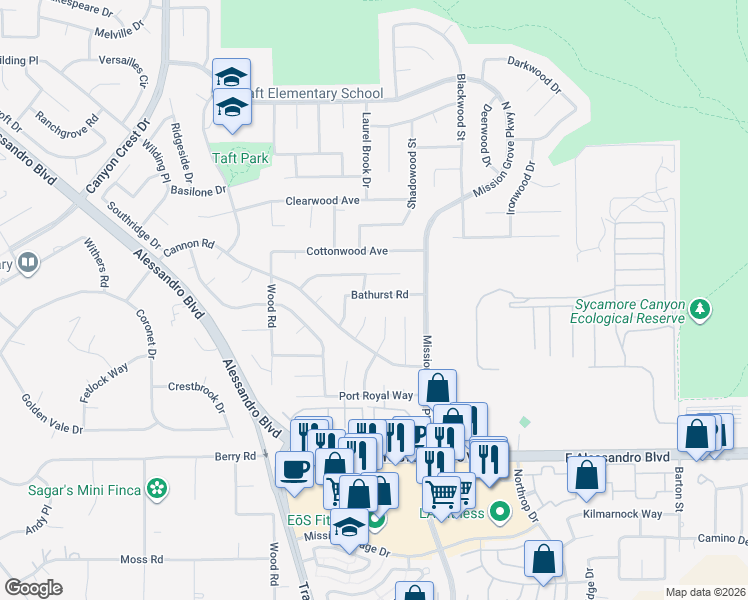 map of restaurants, bars, coffee shops, grocery stores, and more near 256 Bathurst Road in Riverside