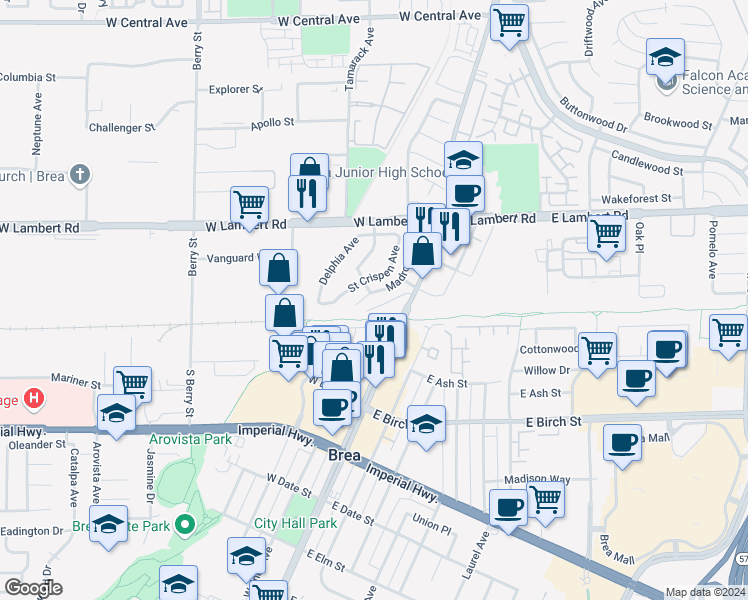 map of restaurants, bars, coffee shops, grocery stores, and more near 236 North Madrona Avenue in Brea