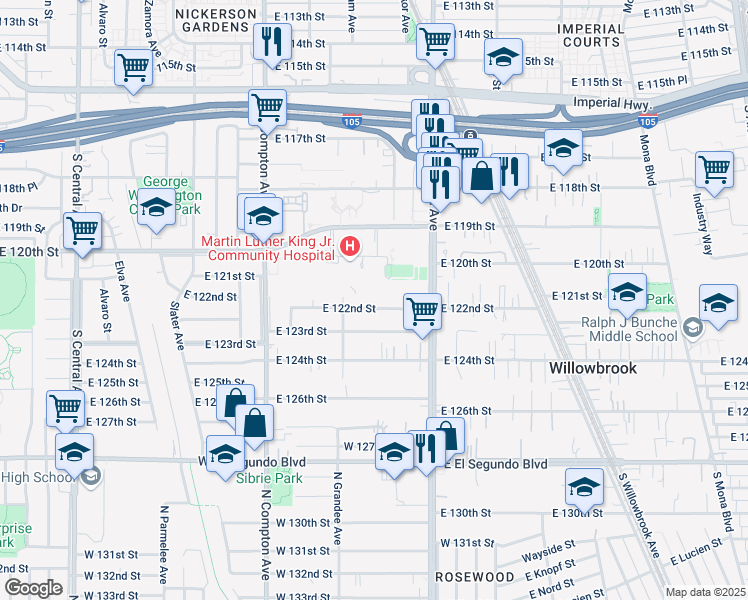 map of restaurants, bars, coffee shops, grocery stores, and more near 1723 East 122nd Street in Los Angeles