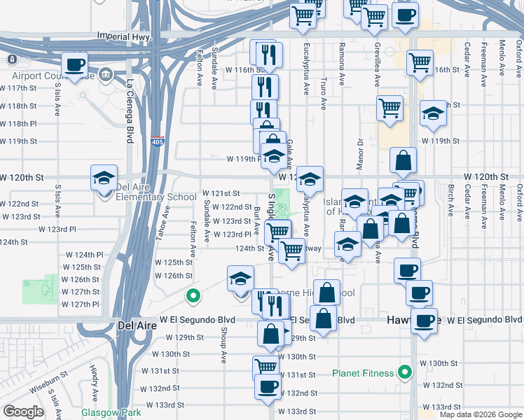 map of restaurants, bars, coffee shops, grocery stores, and more near 12106 Burl Avenue in Hawthorne