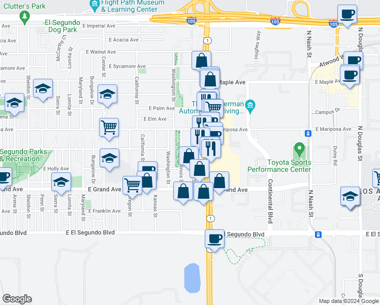map of restaurants, bars, coffee shops, grocery stores, and more near 1711 East Pine Avenue in El Segundo