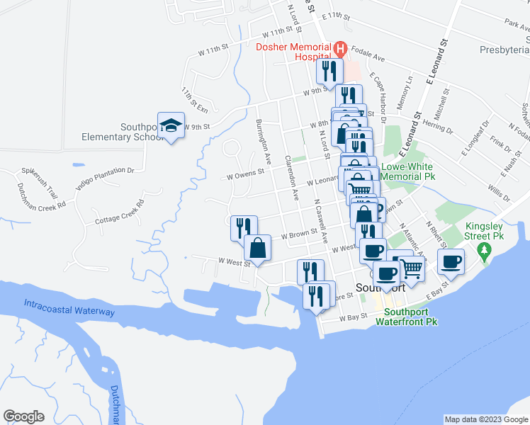 map of restaurants, bars, coffee shops, grocery stores, and more near 645 Wild Rose Way in Southport