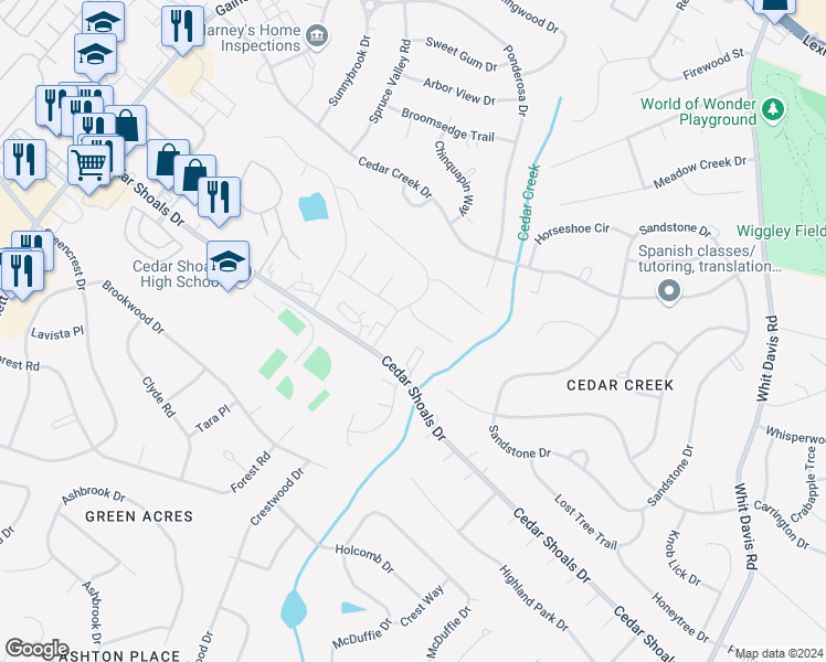 map of restaurants, bars, coffee shops, grocery stores, and more near 102 Oak Park Court in Athens