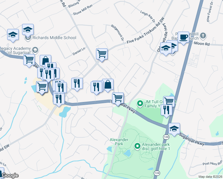map of restaurants, bars, coffee shops, grocery stores, and more near 618 Brianton Court in Lawrenceville