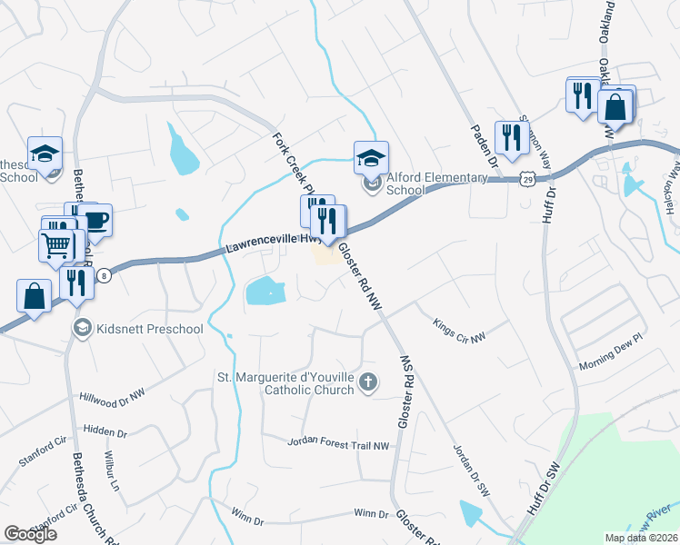 map of restaurants, bars, coffee shops, grocery stores, and more near 2721 Valley Spring Drive in Lawrenceville