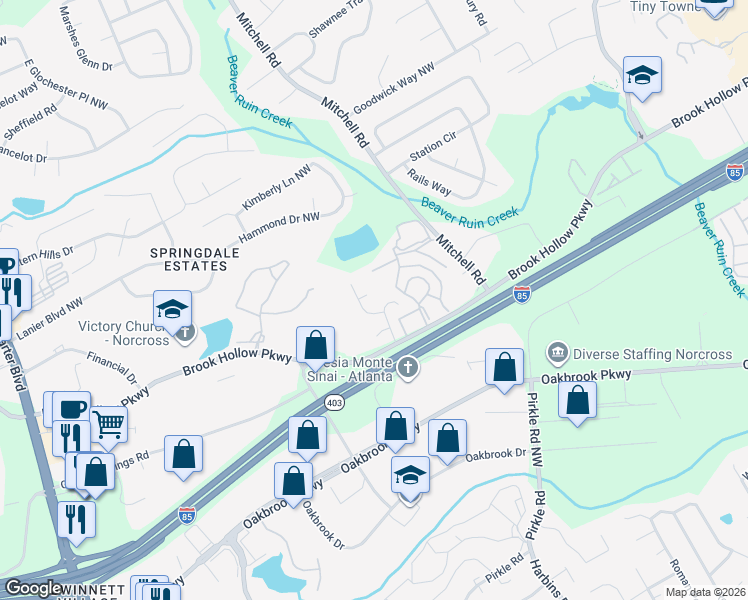map of restaurants, bars, coffee shops, grocery stores, and more near 5644 Crest Trace Court in Norcross