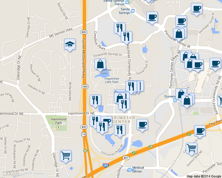 map of restaurants, bars, coffee shops, grocery stores, and more near 202 Garden Court in Atlanta