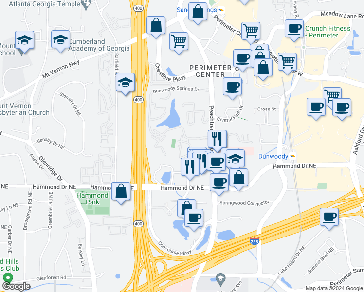 map of restaurants, bars, coffee shops, grocery stores, and more near 47 Dunwoody Springs Drive in Atlanta