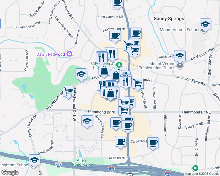 map of restaurants, bars, coffee shops, grocery stores, and more near 145 Hilderbrand Drive in Atlanta
