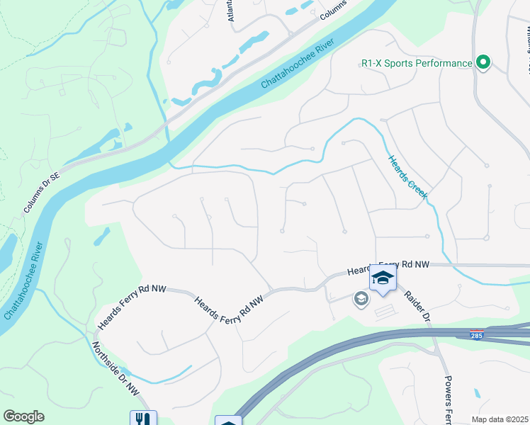 map of restaurants, bars, coffee shops, grocery stores, and more near 6440 River Chase Circle Northwest in Sandy Springs