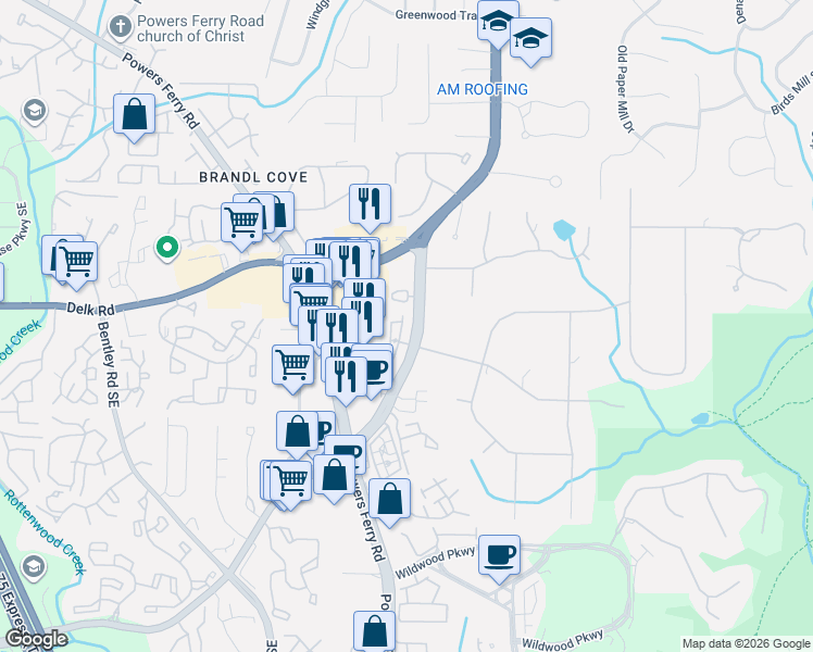 map of restaurants, bars, coffee shops, grocery stores, and more near 1243 Golden Rock Lane Southeast in Marietta