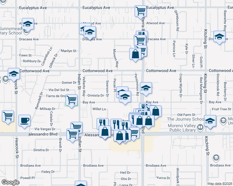 map of restaurants, bars, coffee shops, grocery stores, and more near 13688 Pecan Place in Moreno Valley