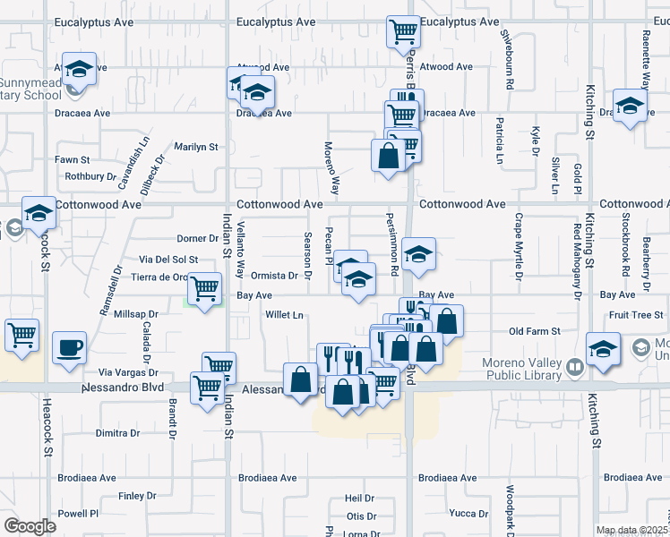 map of restaurants, bars, coffee shops, grocery stores, and more near 13688 Pecan Place in Moreno Valley