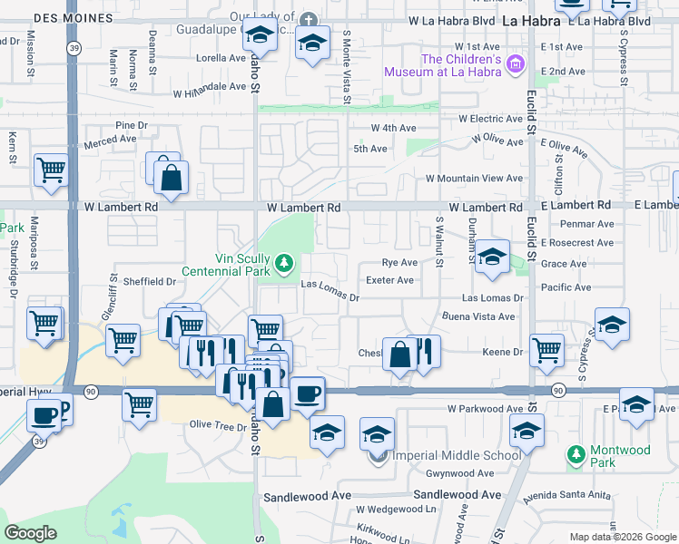 map of restaurants, bars, coffee shops, grocery stores, and more near 815 Las Lomas Drive in La Habra