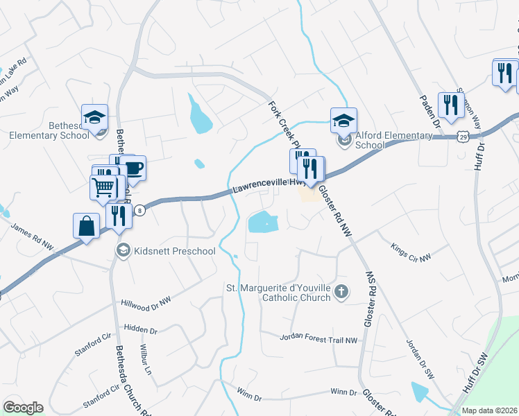 map of restaurants, bars, coffee shops, grocery stores, and more near 2804 Harrison Drive in Lawrenceville