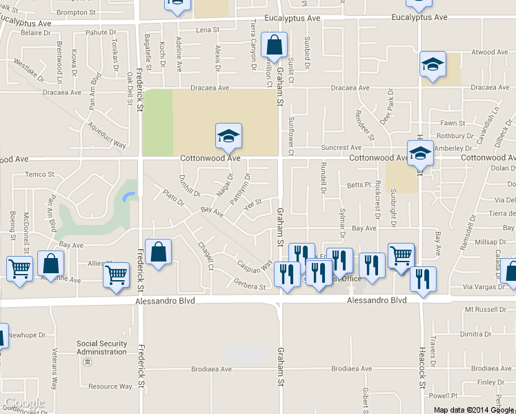 map of restaurants, bars, coffee shops, grocery stores, and more near 23389 Yee Street in Moreno Valley