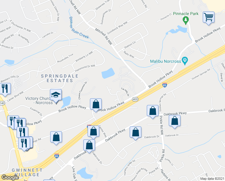map of restaurants, bars, coffee shops, grocery stores, and more near 5644 Crest Trace Court in Norcross
