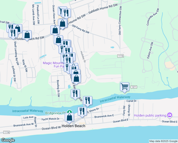 map of restaurants, bars, coffee shops, grocery stores, and more near 4047 Owl Lane Southwest in Brunswick County
