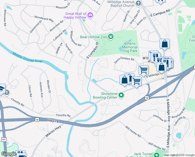 map of restaurants, bars, coffee shops, grocery stores, and more near 199 Eaglewood Way in Athens