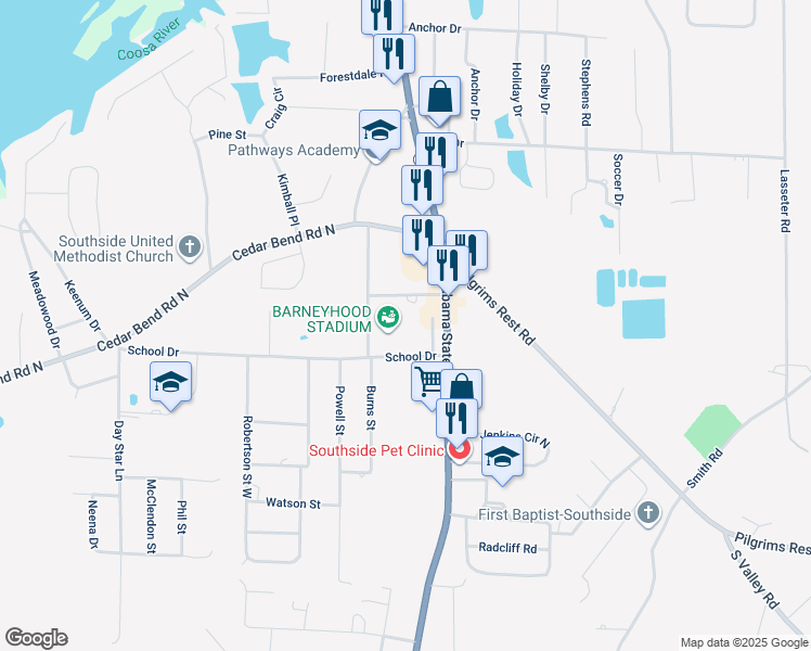 map of restaurants, bars, coffee shops, grocery stores, and more near 2150 Alabama 77 in Gadsden