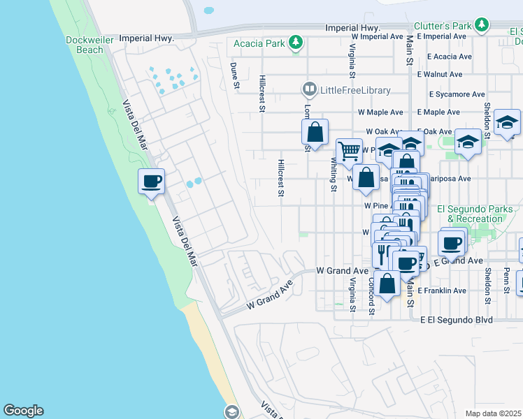 map of restaurants, bars, coffee shops, grocery stores, and more near 724 West Pine Avenue in El Segundo