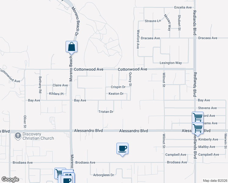 map of restaurants, bars, coffee shops, grocery stores, and more near 28365 Crispin Drive in Moreno Valley