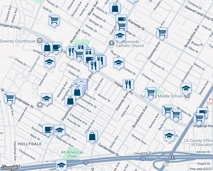 map of restaurants, bars, coffee shops, grocery stores, and more near 12626 Orizaba Avenue in Downey