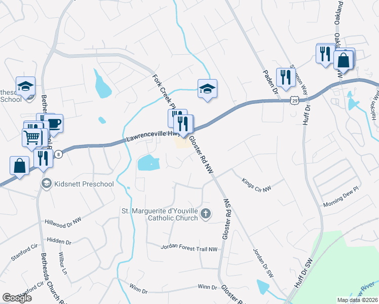 map of restaurants, bars, coffee shops, grocery stores, and more near 2921 Valley Spring Drive in Lawrenceville