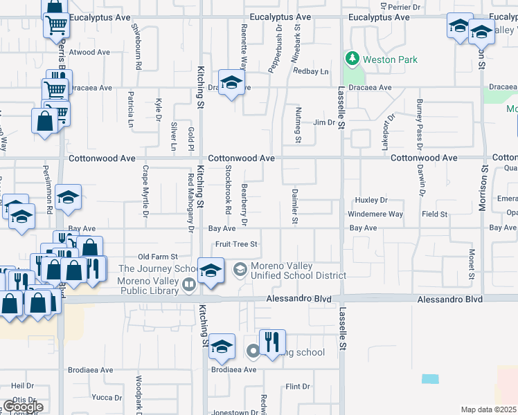 map of restaurants, bars, coffee shops, grocery stores, and more near 25706 Tallandsia Court in Moreno Valley