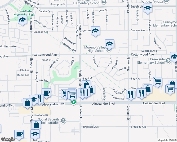 map of restaurants, bars, coffee shops, grocery stores, and more near 13662 Burd Court in Moreno Valley
