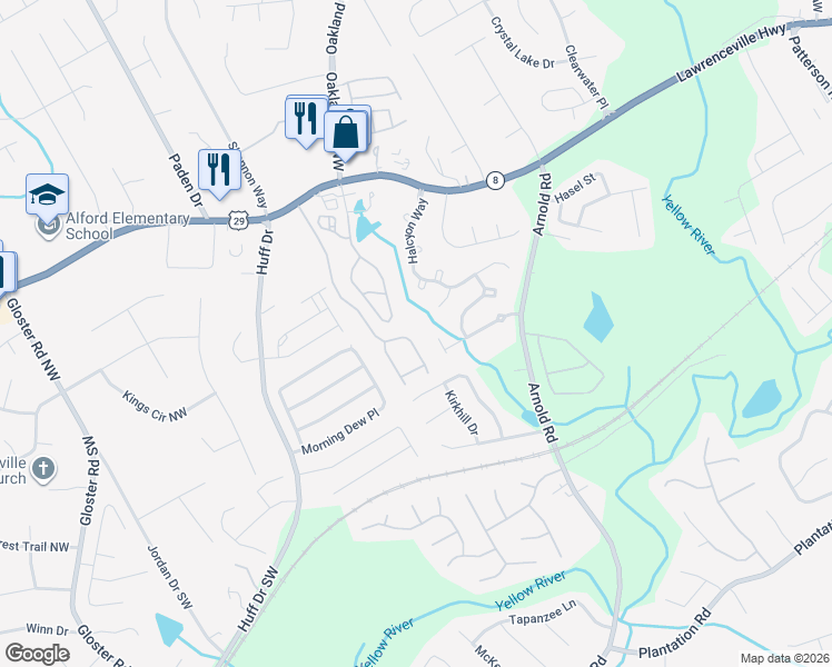 map of restaurants, bars, coffee shops, grocery stores, and more near 160 Oak Green Drive in Lawrenceville