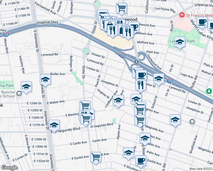 map of restaurants, bars, coffee shops, grocery stores, and more near 3220 Josephine Street in Lynwood