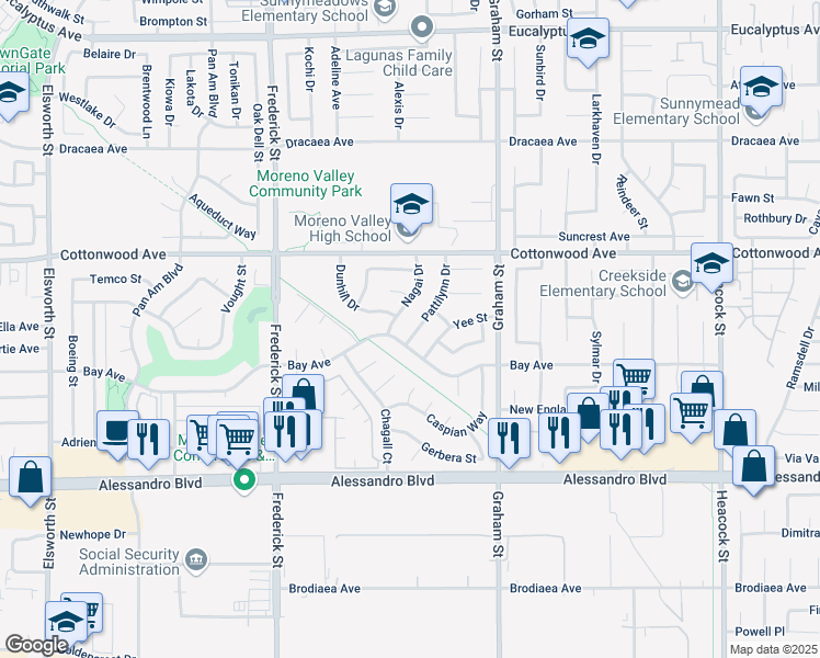 map of restaurants, bars, coffee shops, grocery stores, and more near 13729 Pattilynn Drive in Moreno Valley