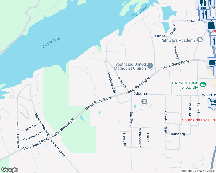 map of restaurants, bars, coffee shops, grocery stores, and more near 2174 Meadowood Drive in Gadsden