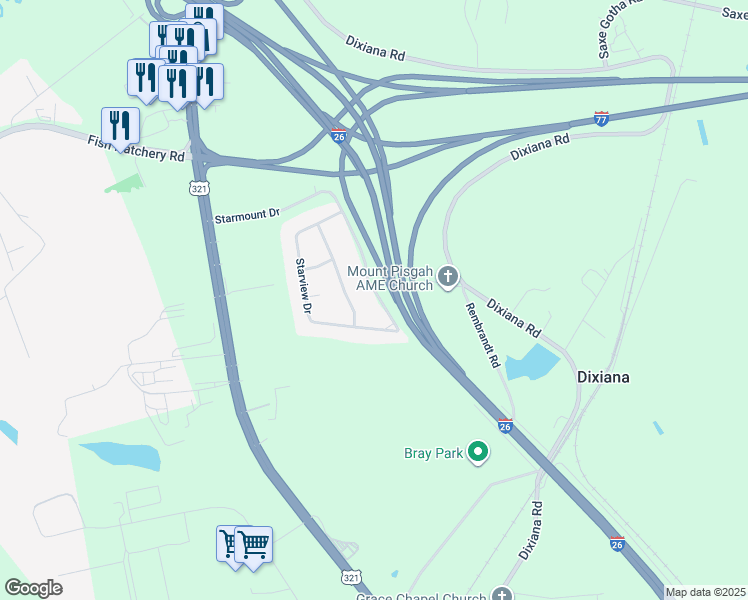 map of restaurants, bars, coffee shops, grocery stores, and more near 1128 Starmount Drive in West Columbia